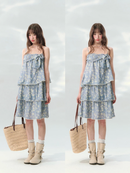 “Blue Mist Petals” Dusty Blue Floral Tiered Mini Dress LL2026120