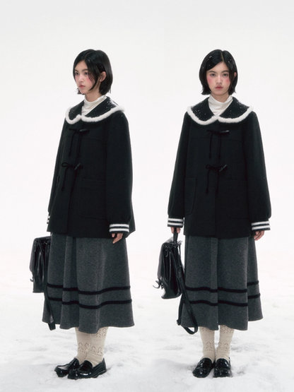 '旧时光领航员' Contrast Collar Wool-Blend Jacket & Plaid Skirt Se