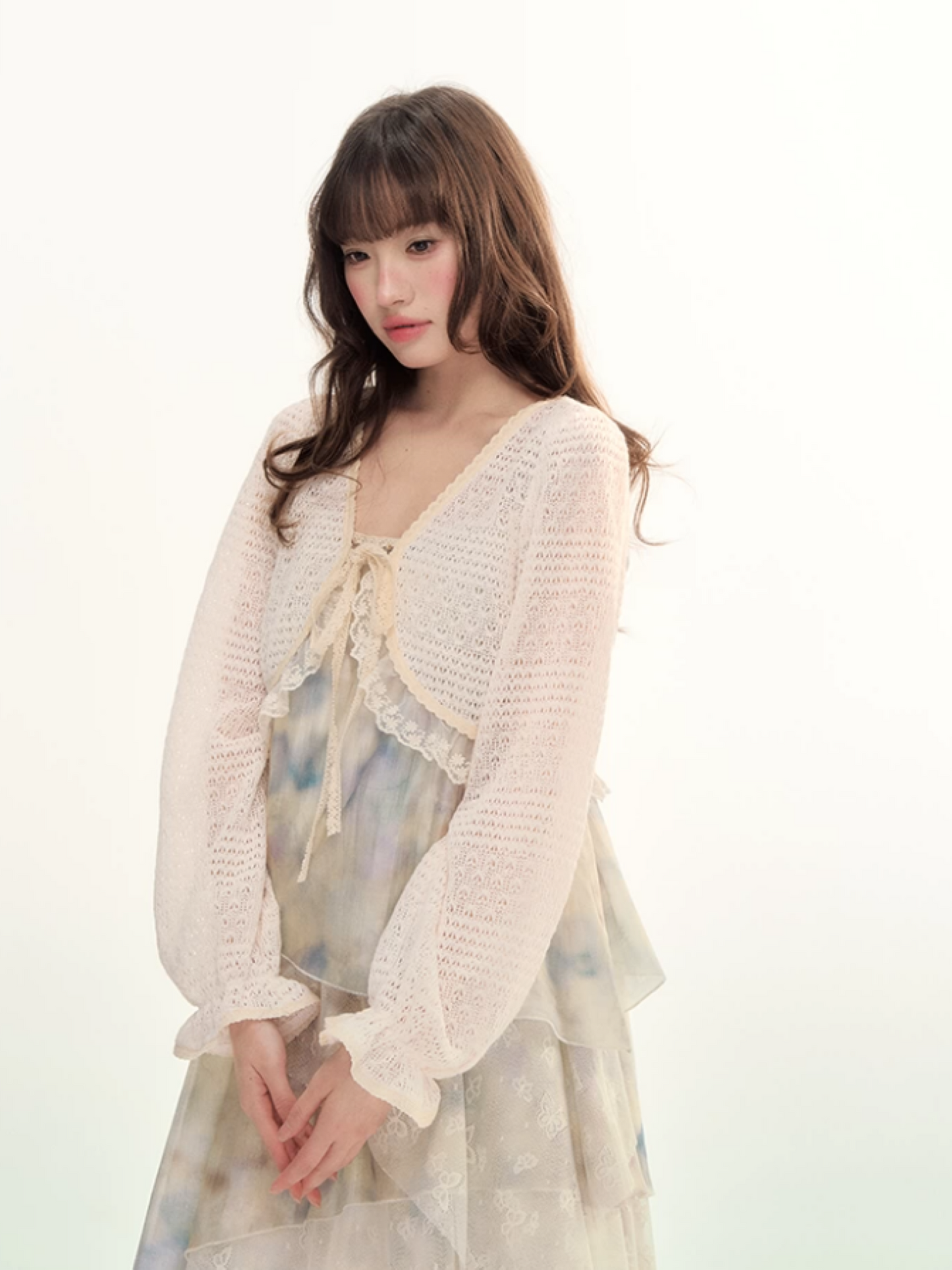 Ivory Lace Tie-Front Cropped Cardigan LL2026105