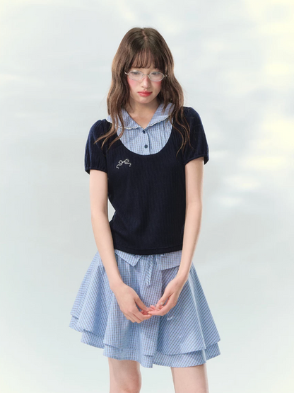 “Milk Candy Academy” Navy Plaid Collar Skirt Set LL2026147