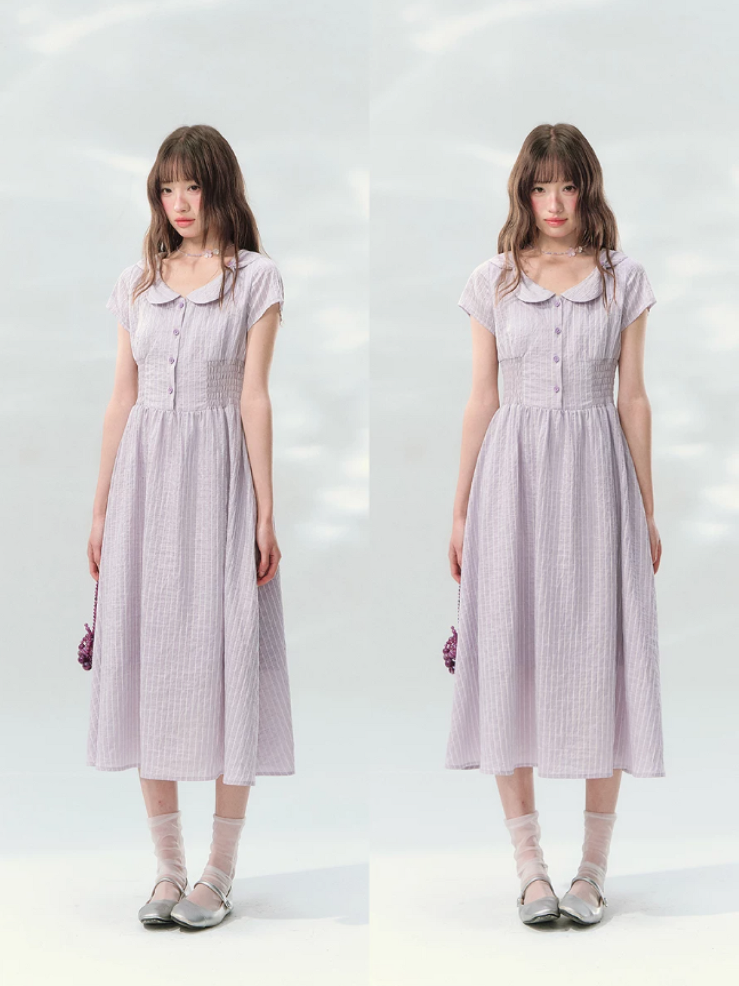 “Lavender Tea Mist” Lilac Stripe Puff Sleeve Dress LL2026137