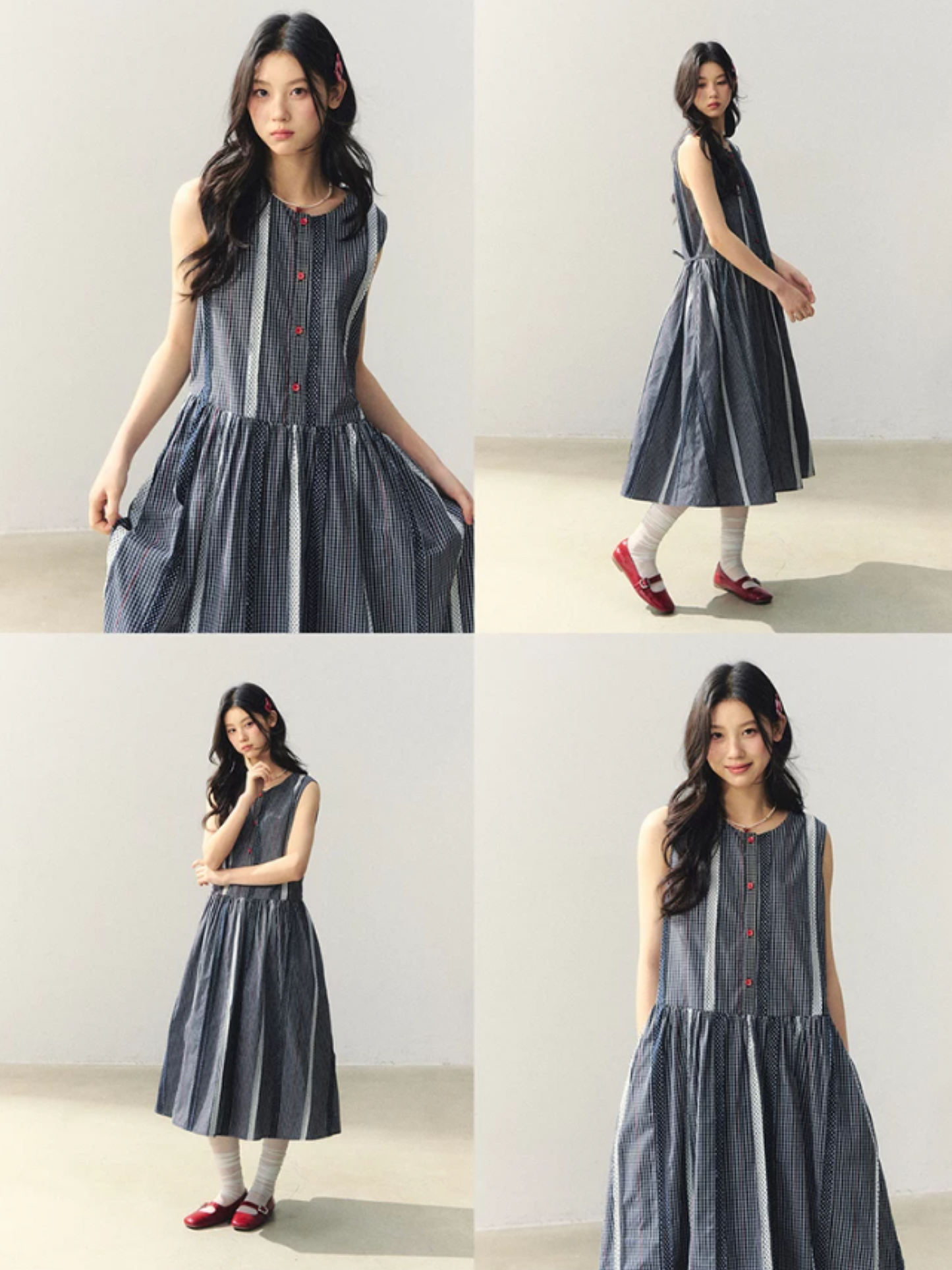 "Red Pulse in Monochrome" Plaid Sleeveless Dress with Red Button LL2026027