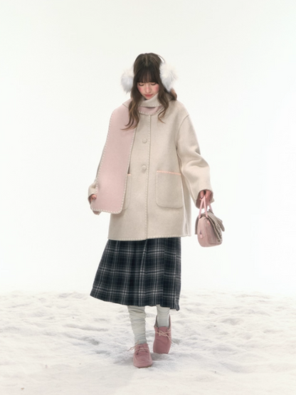 "Morning Verse & Night Poem" Reversible Wool Two-Tone Overcoat - Pink × White LL2025455
