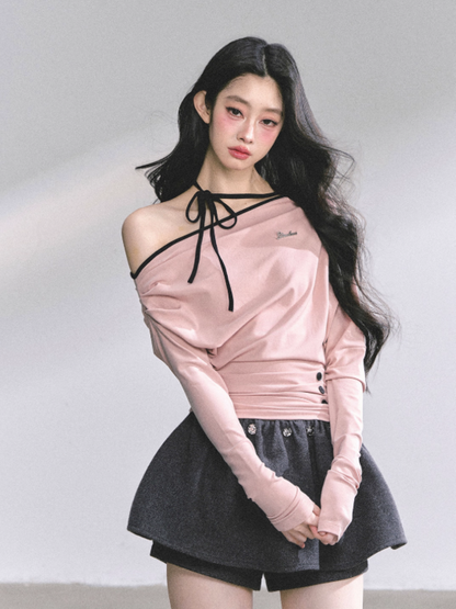 少也眼 K-pop Trainee Off-Shoulder Halter Long Sleeve Top (Pink)