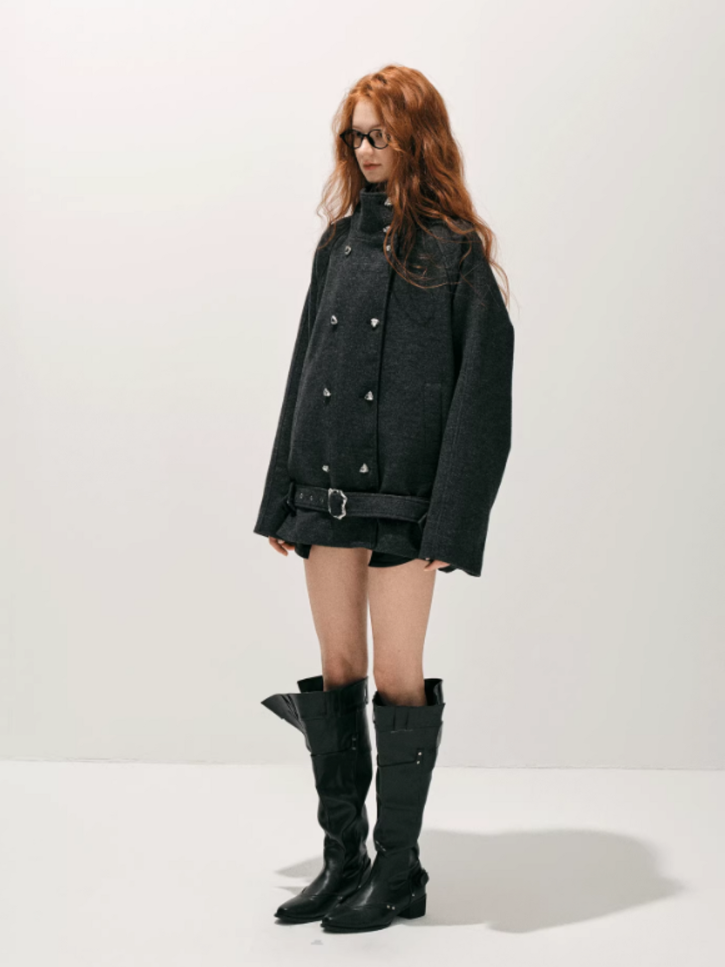 "柔廓定理" Wool-Blend Structured Military Coat with Stand Collar