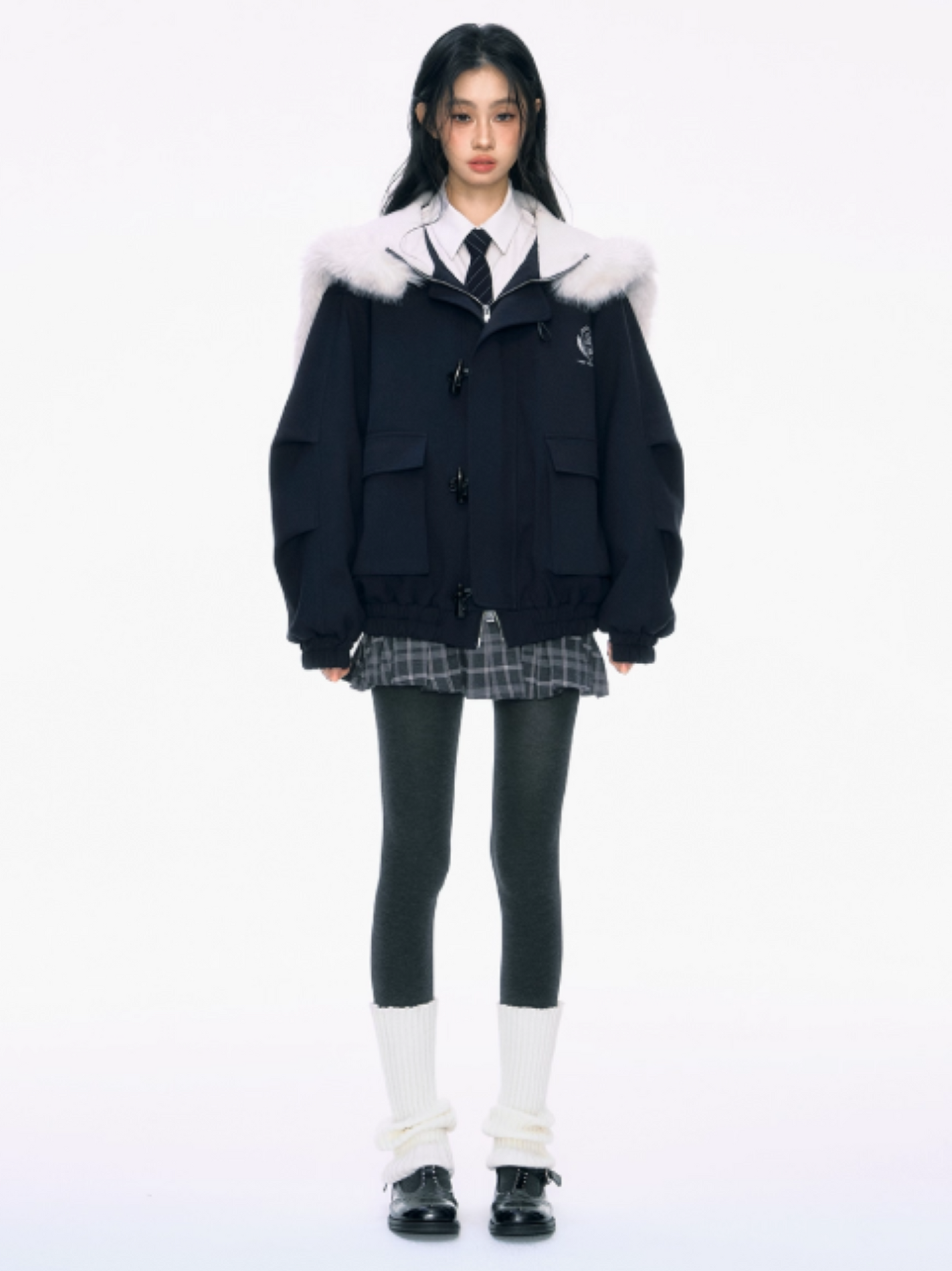 PCH - Navy Blue Padded Jacket with Faux Fur Collar