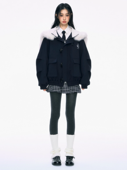 PCH - Navy Blue Padded Jacket with Faux Fur Collar