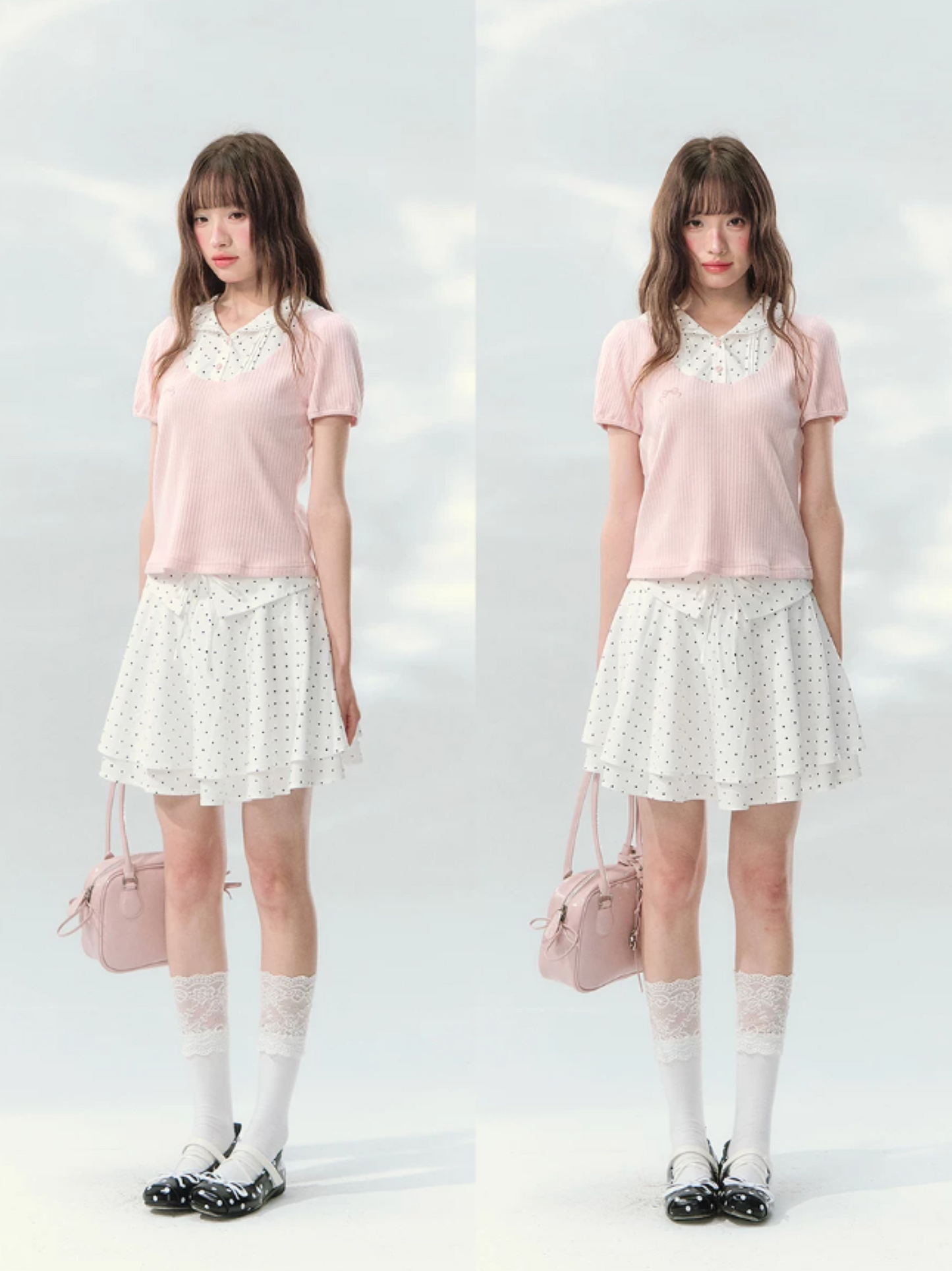 “Milk Candy Academy” Pink Polka Dot Collar Skirt Set LL2026148
