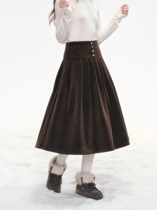 "Polka Waltz" Corduroy Pleated Skirt – Brown SJ2025333