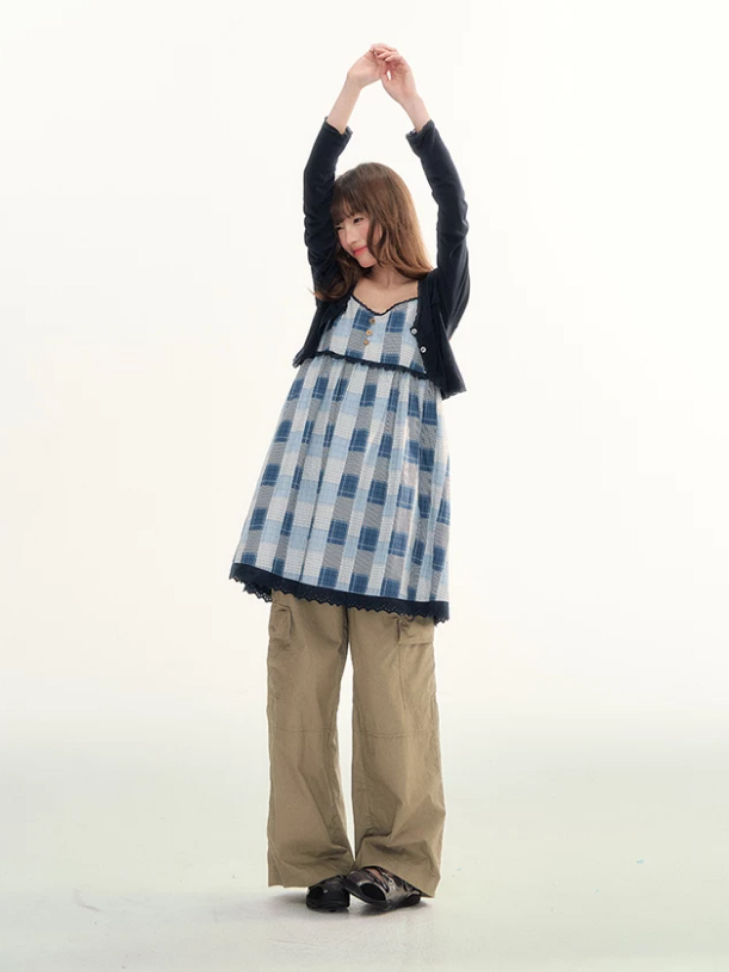 Blue Plaid Lace Trim Dress & Navy Cardigan Set  LL2026078