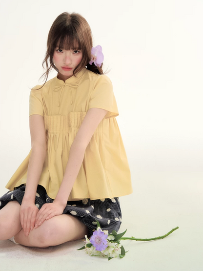 Butter Yellow Pleated Puff Sleeve Blouse WW2026069