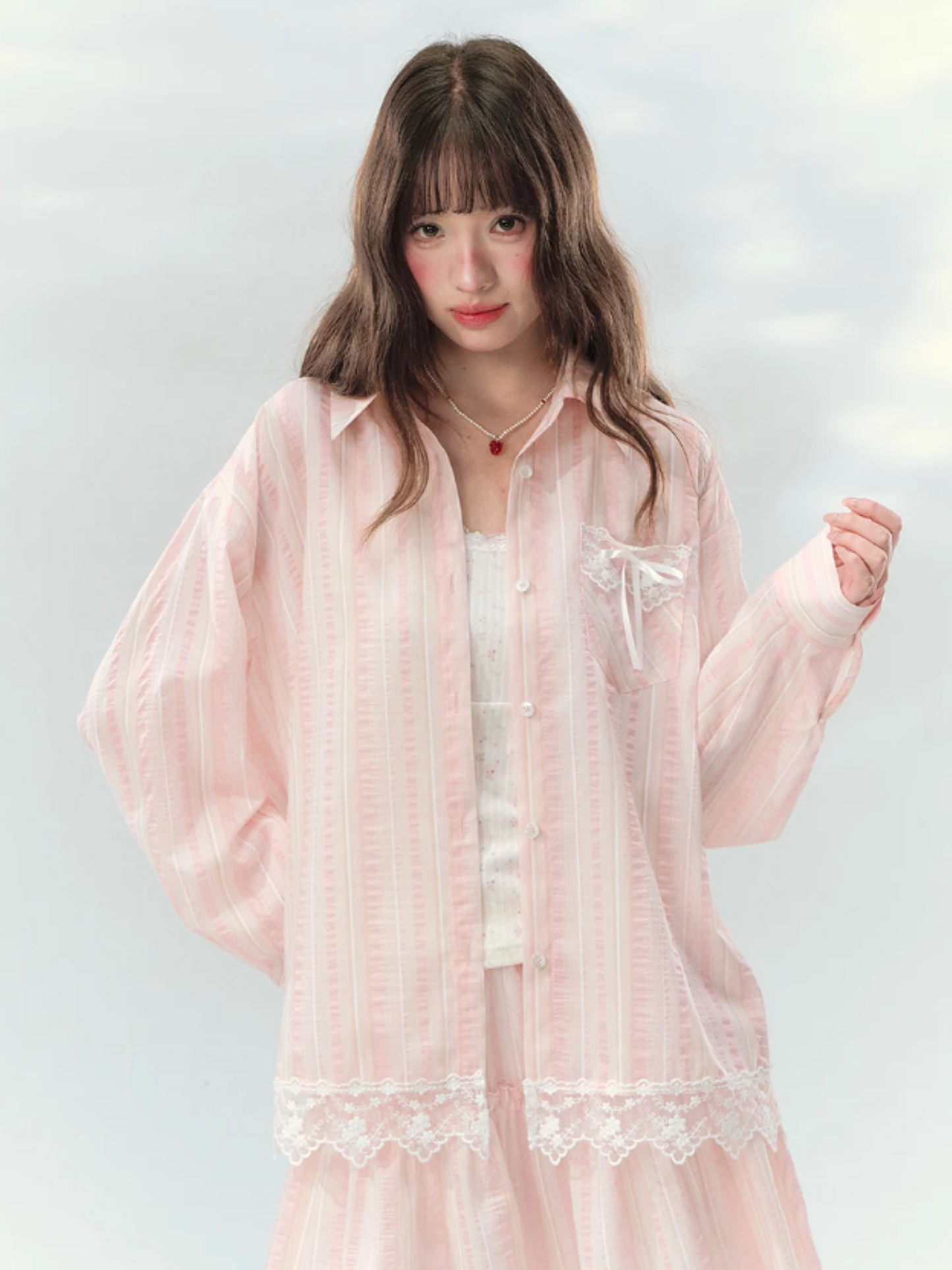 “Pink Mist Love Letter” Pink Stripe Lace Skirt Set LL2026161