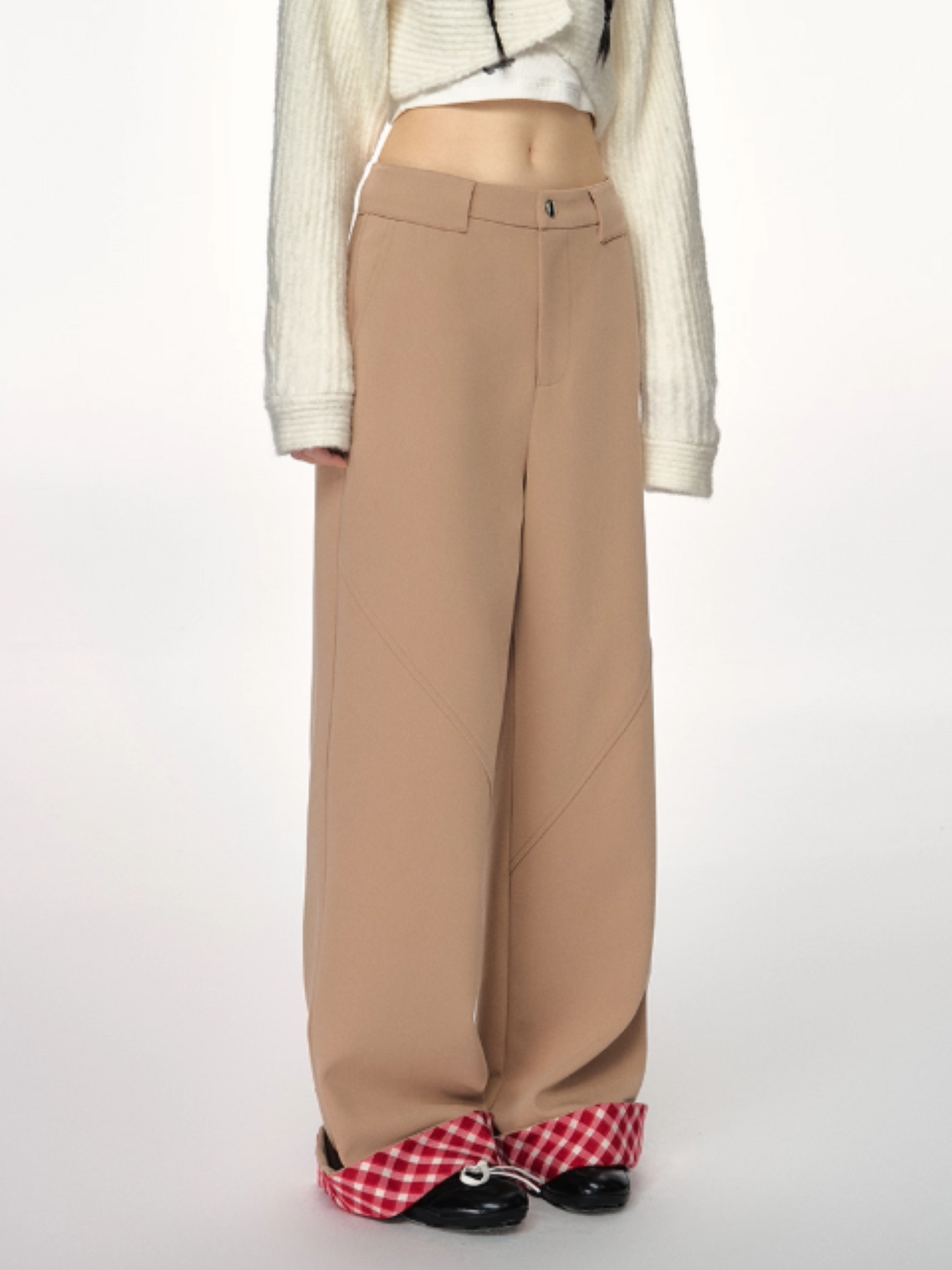 PCH - Khaki Plaid Cuffed Wide-Leg Pants