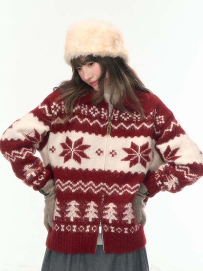 "Fluffy Snowtone" Vintage Red Holiday Knit Cardigan LL2025305