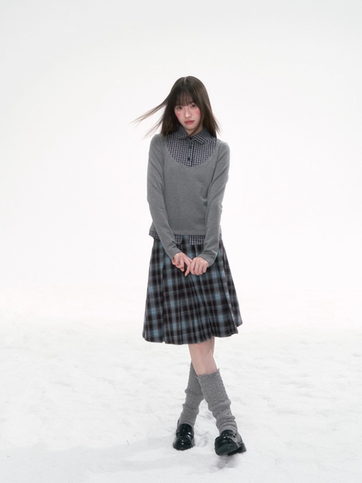 '格间絮语' Vintage Plaid Patchwork Knit Top – Brown/Yellow & Gray/Blue