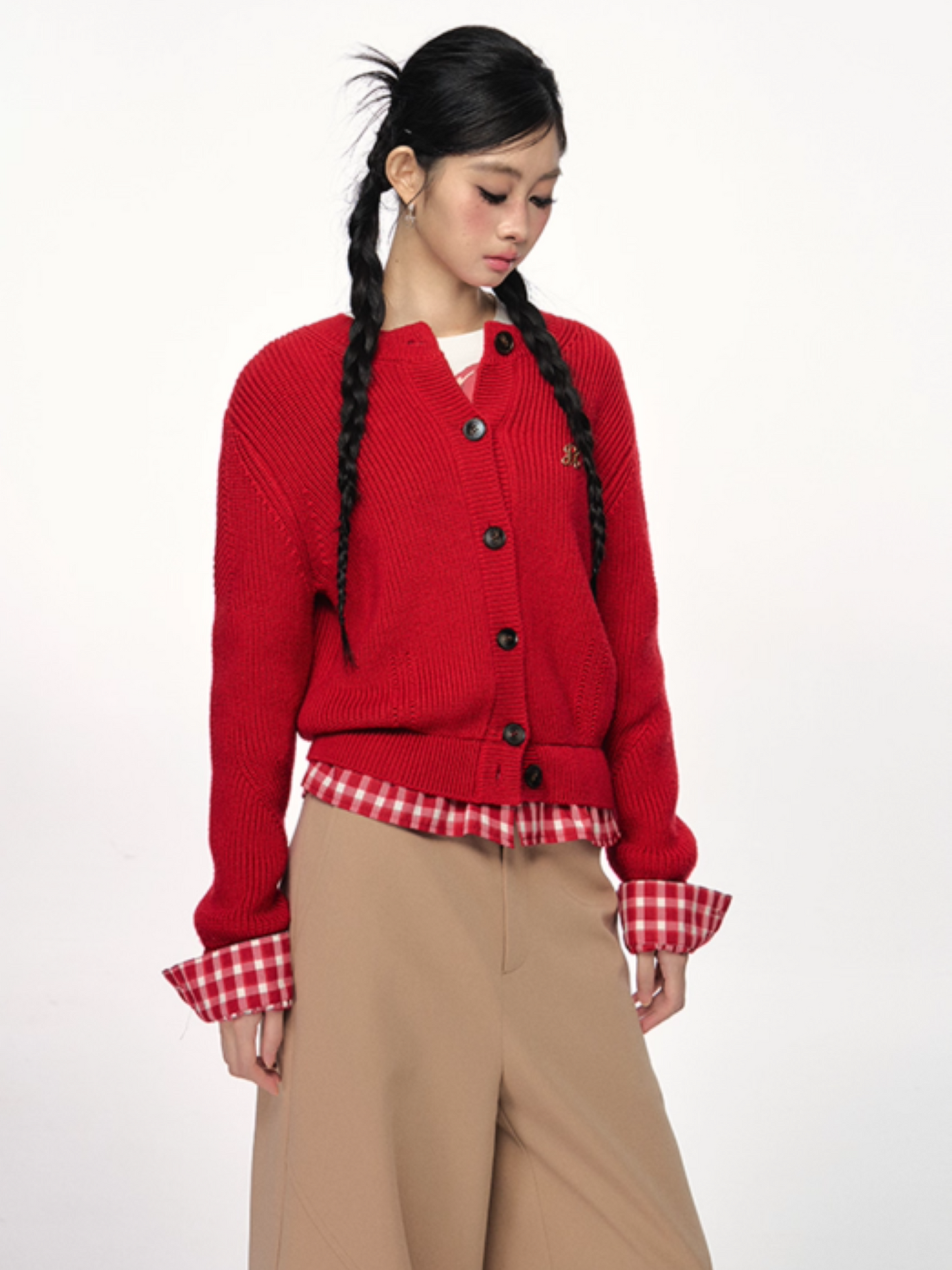PCH - Tri-Color Layered Knit Cardigan with Contrast Panels (Red)