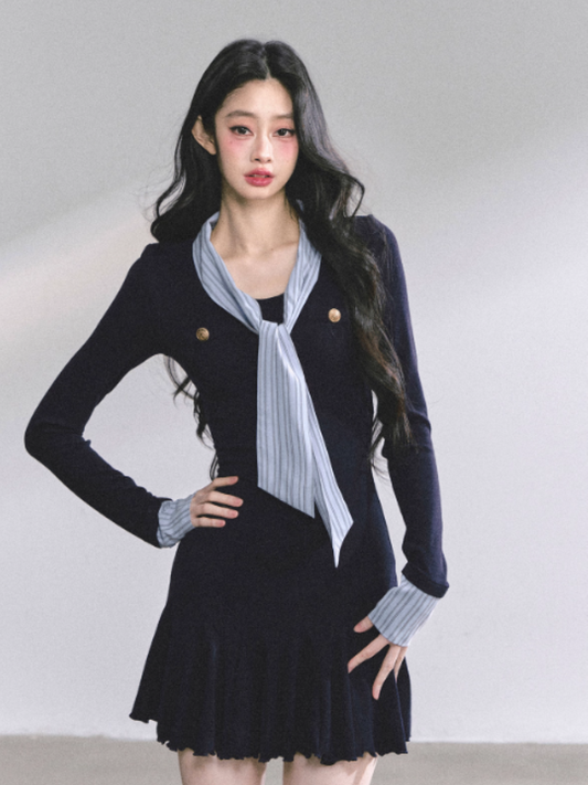 少也眼 Navy Striped Preppy Long Sleeve Bodycon Mini Dress with Tie