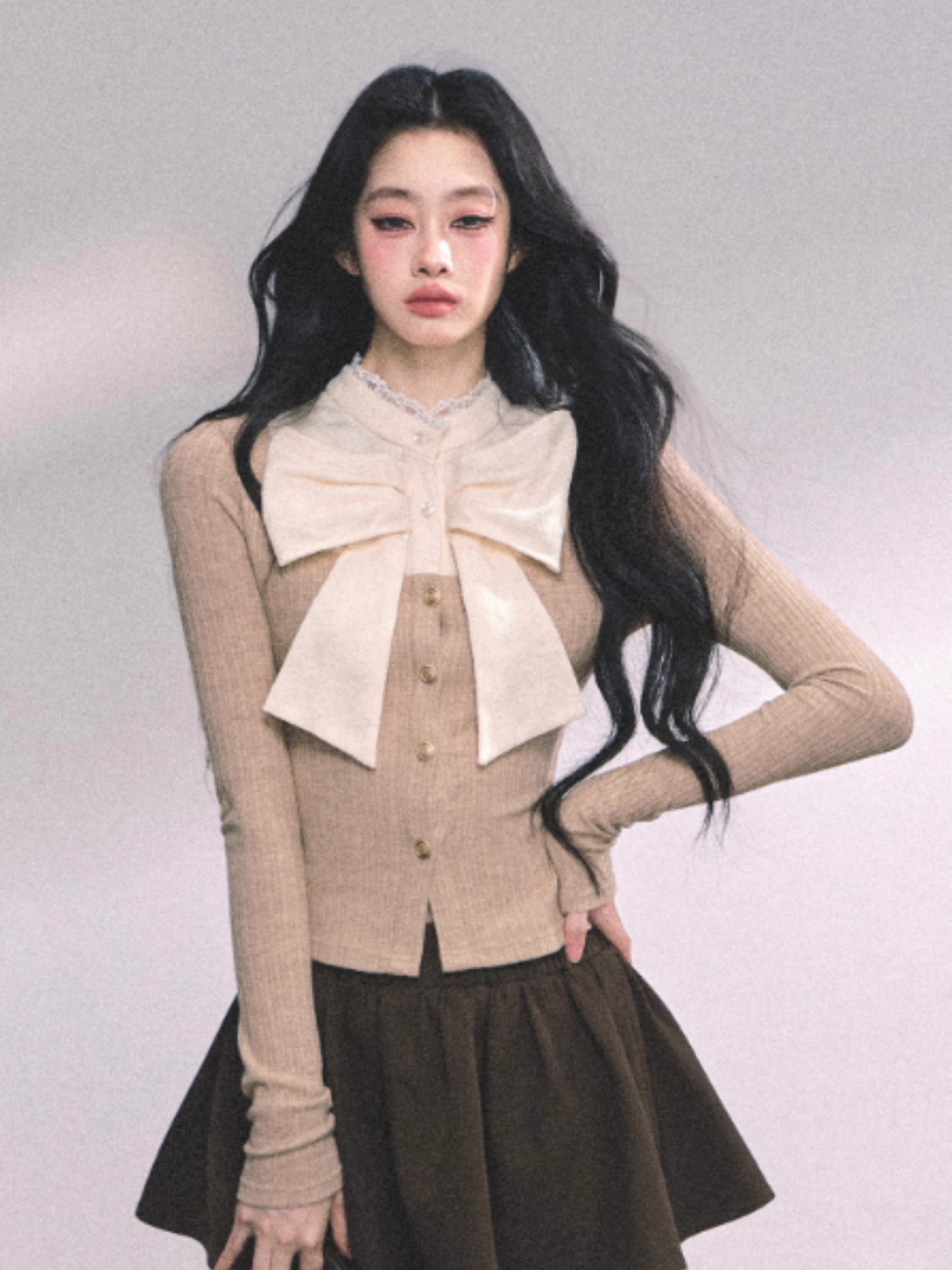 少也眼 French Bow Lace Knit Layered Long Sleeve Top