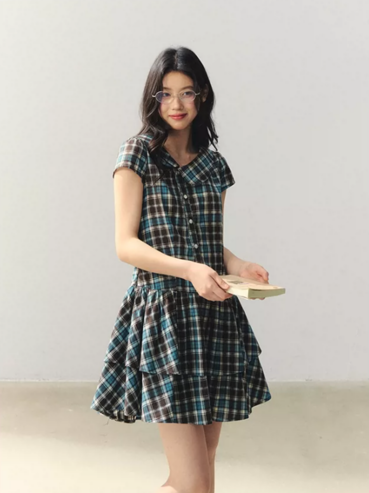"Pine Chestnut Mint" Asymmetric Collar Plaid Dress LL2026034