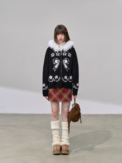 "暗夜花序" Floral Jacquard Knit Hoodie Cardigan – Black Sweet Girl Streetwear with Fur Trim