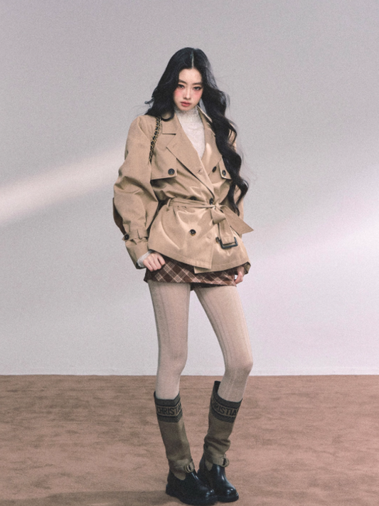 少也眼 Khaki Loose-Fit Jacket with Brown Skirt-Shorts Set