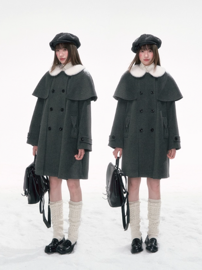 "英伦课表" Dark Gray Wool-Blend Coat with Detachable Cape