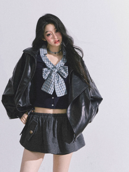 少也眼 Navy Blue Plaid Layered-Look Long Sleeve T-Shirt with Bow