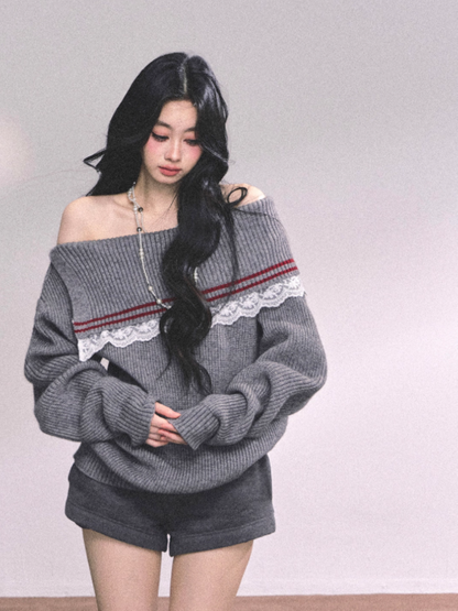 少也眼 Korean Slouchy Lace-Trim Asymmetrical Shoulder Sweater