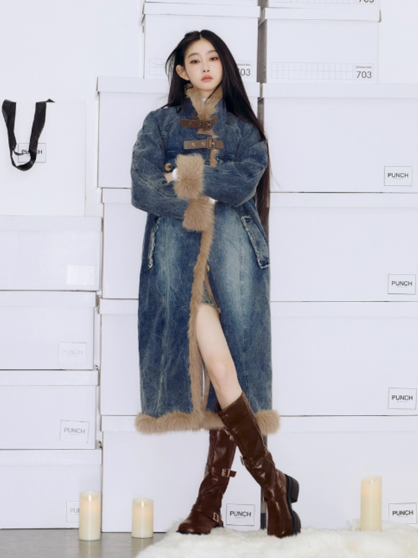 PCH - Long Cotton Coat with Plush and Washed Denim Panels