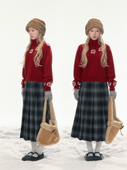 "Off-Season Garden" Red Jacquard Wool Turtleneck Knit Top LL2025304
