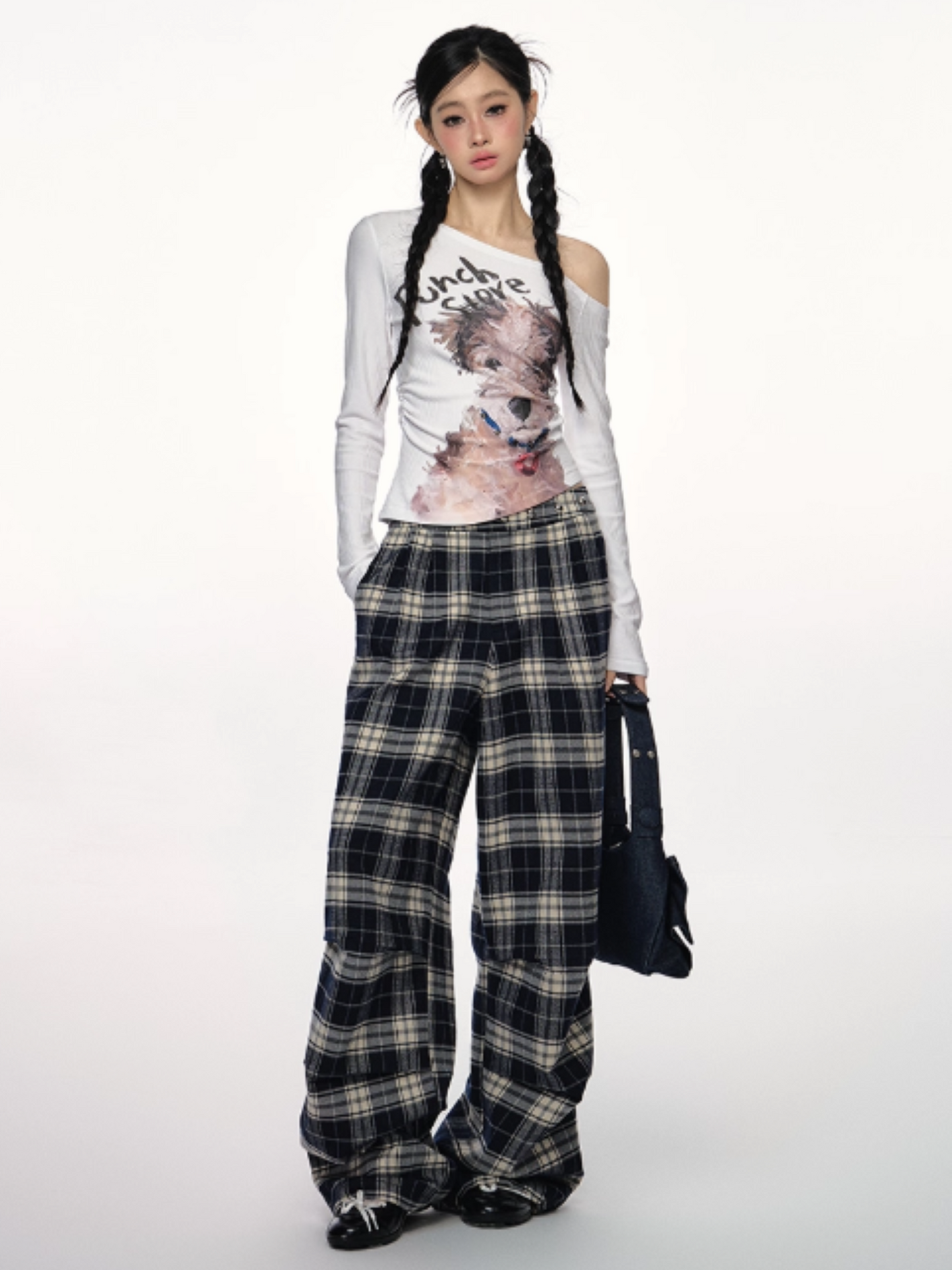 PCH - Asymmetrical Studded Off-Shoulder Top with Dog Print