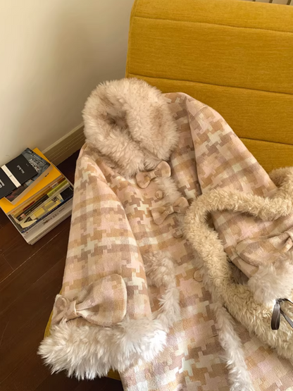 阮阮自制 - Clara Bow Blush Plaid Wool-Blend Padded Coat