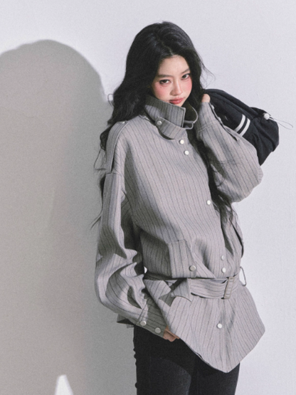 少也眼 French-British Style Striped Stand Collar Shirt Jacket