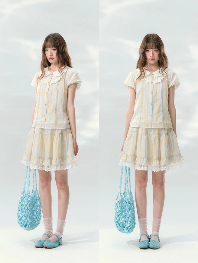 “Spring Lemon Breeze” Milk Blue Striped Shirt & Tiered Mini Skirt Set