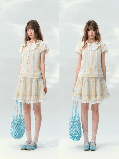 “Spring Lemon Breeze” Milk Blue Striped Shirt & Tiered Mini Skirt Set
