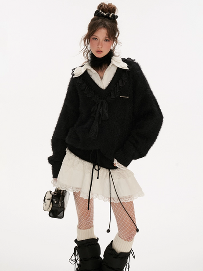 MAMC - V-Neck Ruffle Ribbon Knit Sweater