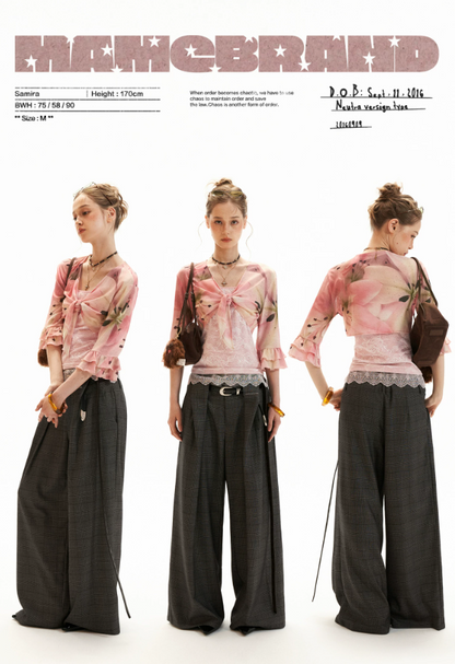 Floral Lace Trim Cami & Tie-Front Cardigan Set WE957