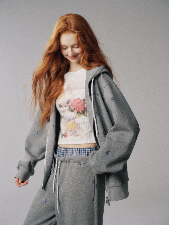 "心动符号" Gray-Blue Plaid 3-Piece MIU-Inspired Set – Hoodie, Pants & Puff Skort