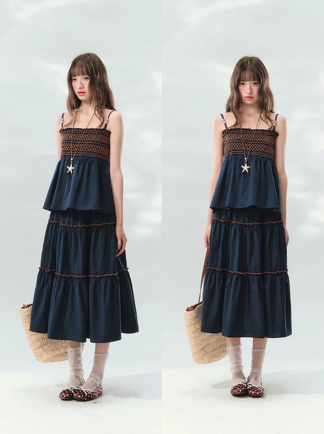 “Bohemian Travel Notes” Navy Beaded Cami & Tiered Maxi Skirt Set
