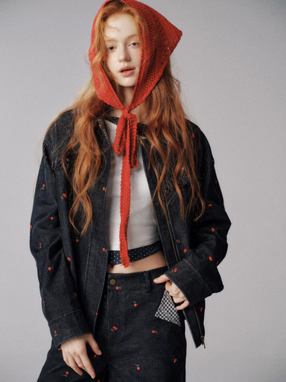 "浆果花园" Cherry Checkered Retro Jacket & Wide-Leg Pants Set