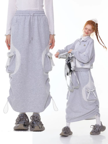 ZiziFei - Adjustable Drawstring Hem Midi Skirt – Light Grey with Bow Detail