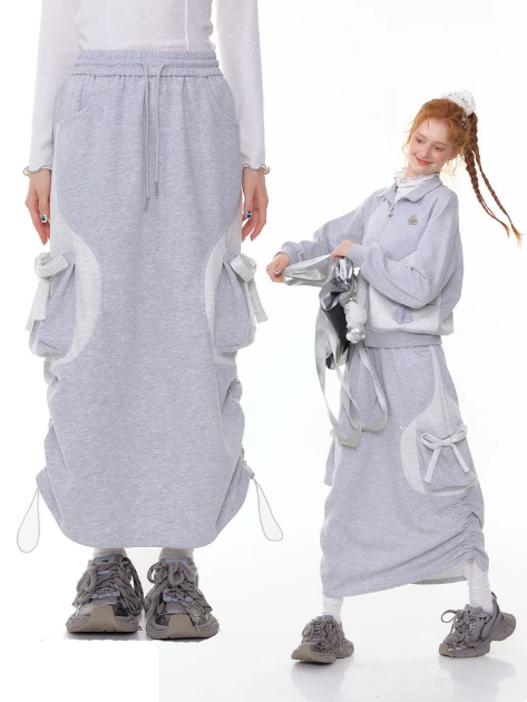 ZiziFei - Adjustable Drawstring Hem Midi Skirt – Light Grey with Bow Detail