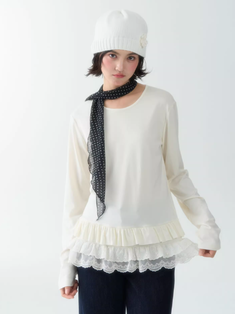罐头士多所 - Soft Beige Layered Lace Knit Top – Feminine Fall Base Layer