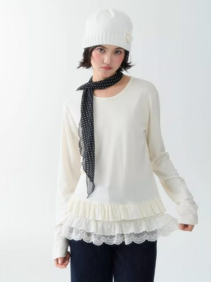 罐头士多所 - Soft Beige Layered Lace Knit Top – Feminine Fall Base Layer