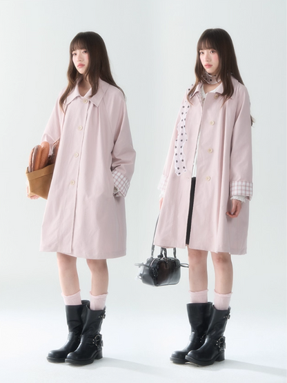 罐头士多所 - Peach Cream Plaid Trench Coat