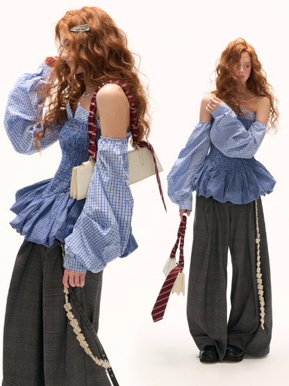MAMC - Blue Off-Shoulder Shirred Peplum Top
