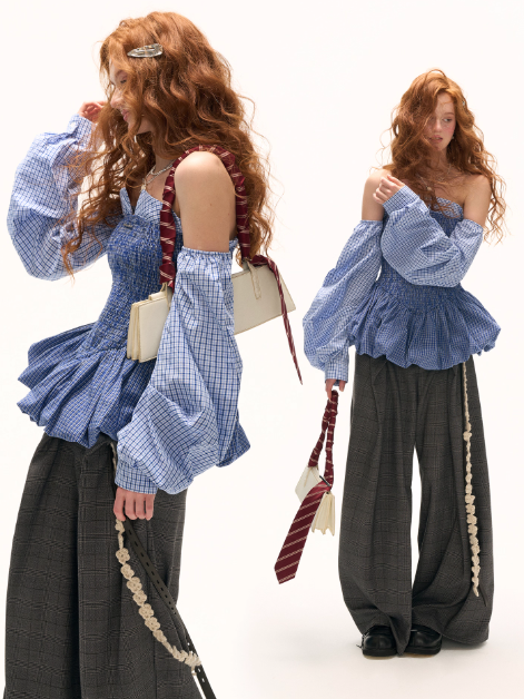 MAMC - Blue Off-Shoulder Shirred Peplum Top