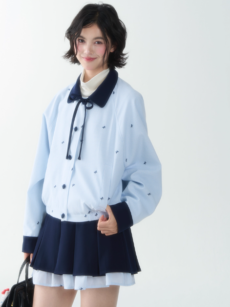 罐头士多所 - Blue Embroidered Butterfly Two-Piece Set – Preppy Contrast Collar Jacket & Skirt