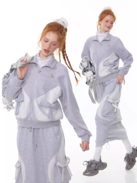 ZiziFei - Light Grey Zip-Up Bow Jacket – Soft Girl Athleisure