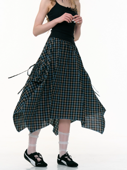 ZiziFei - Asymmetric Blue Plaid Midi Skirt – Vintage High-Waist Drawstring Hem Skirt